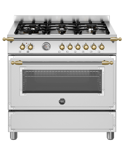 Fogão Bertazzoni Heritage HER96 L1EXGT em inox e dourado.