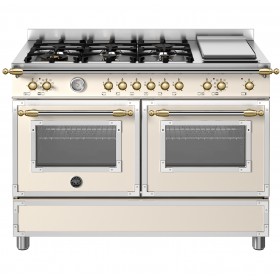 Fogão Bertazzoni Heritage HER126 G2EAVGT na cor marfim e dourado.