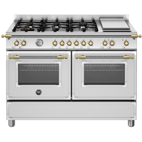 Fogão Bertazzoni Heritage HER126 G2EXGT na cor inox e dourado.