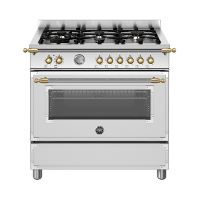Fogão Bertazzoni Heritage HER96 L1EXGT em inox e dourado.